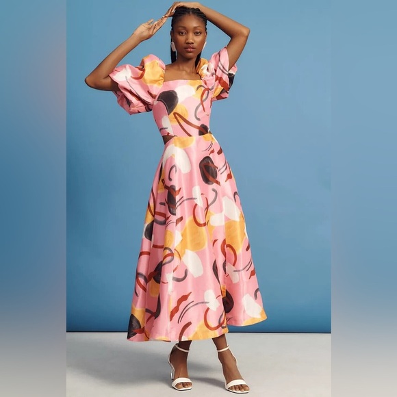 Anthropologie Dresses & Skirts - Anthropologie Aureta Studio Printed Puff-Sleeve Side Cutout Dress Sz M NEW